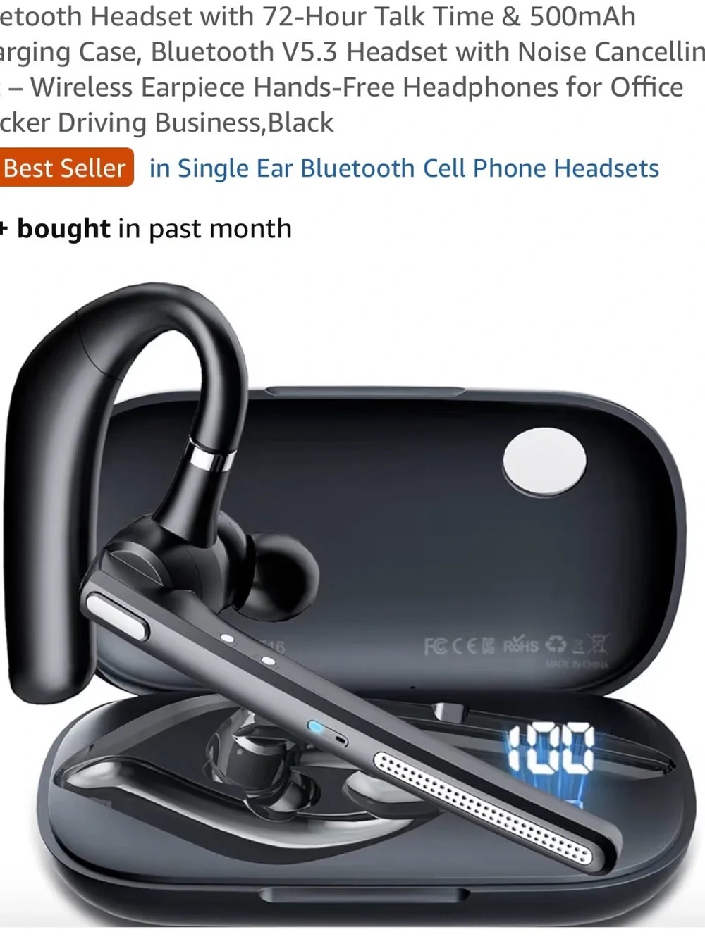 GB Bluetooth Mono Headset with LED Charging Case. New